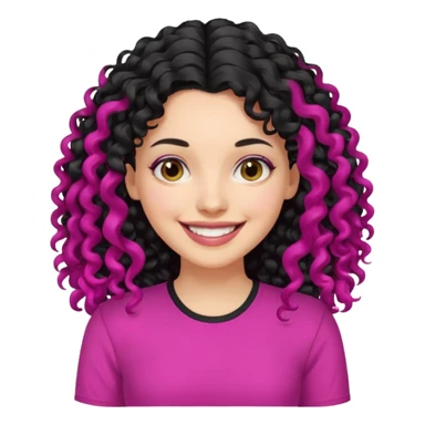 mujer blanca con cabello largo rizado negro sonriendo y con camisa fucsia sticker