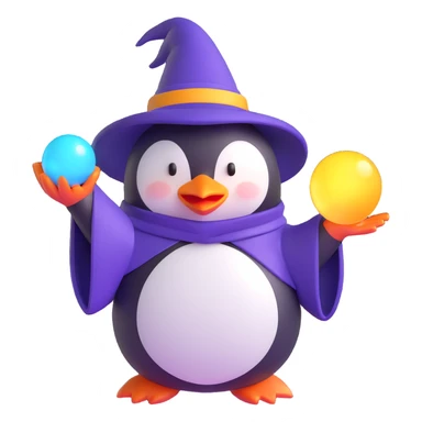 penguin wizard holding a glowing orb, 3D emoji style sticker