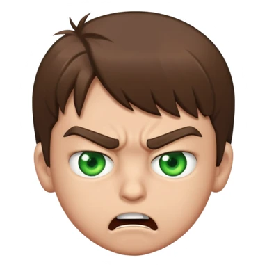 Boy 10 years old, with overgrown brown hair with green eyes, angry, shows fuck sticker
