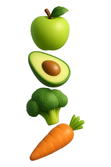 emoji stile iphone in 3d di cibo sano che fluttua in aria vericalmente, iperrealistico 4k sticker