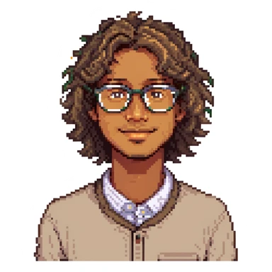 Create a pixel art portrait of a man with wavy hair, glasses, light brown skin, and a small mole on his left cheek. Capture his friendly expression in pixel art style. sticker
