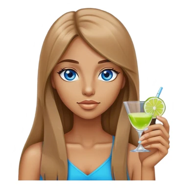 tan woman, long light brown straight hair, blue eyes, holding a shot with lime sticker