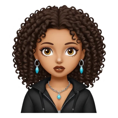 pretty bratz baddie, dark brown curly head, tan skin, nose piercing sticker