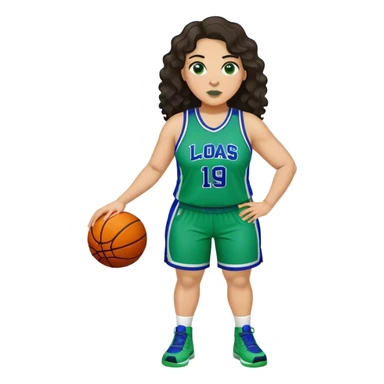 full body plus size light skin latino women basketball player with wavy dark hair large wide nose wearing blue with green uniform sticker