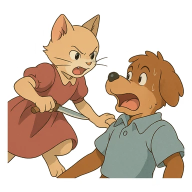 a girl kitty cat holding a knife, attacking a boy dog sticker