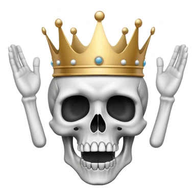 A shocked skull with a crown on top, both hands raised pressing on its head in disbelief, black and white sticker