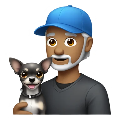 blue eyed man, with grey hair,  and grey goatee beard, wearing ball cap, holding ‘a black long hair chihuahua’ sticker