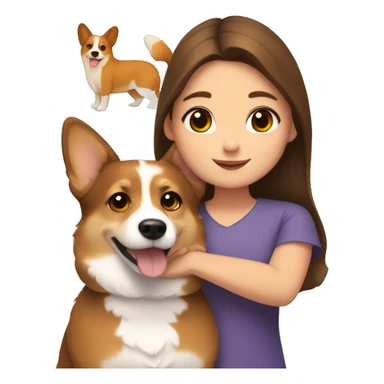 girl with brown eyes and brown hair hugs a corgi sticker