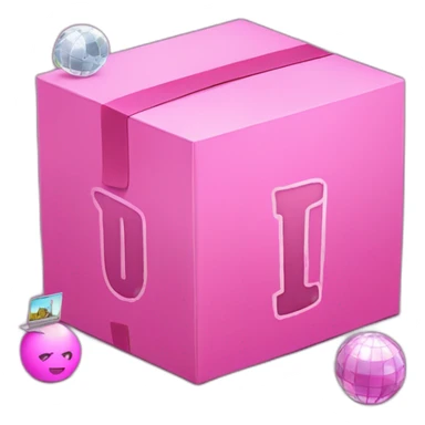 Inside a pink box, the letter "u" is in the middle, and disco ball, laptop, pencil and paint emojis peeking out from around the box. sticker