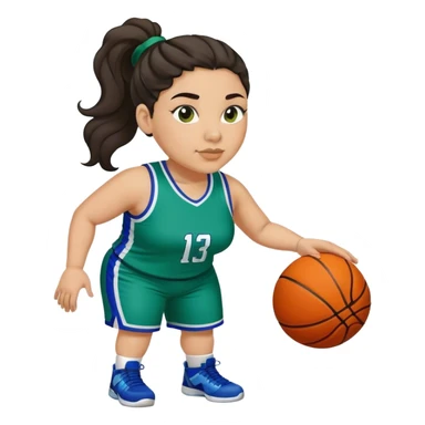  plus size light skin latino women basketball player with wavy dark hair in pony tail flat wide nose wearing blue green  uniform sticker