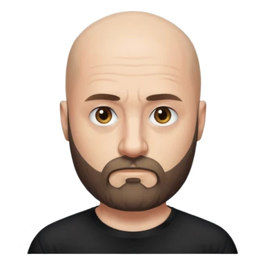 Oliver Riedel, bald, full beard, serious face, black t-shirt sticker