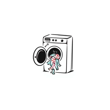 playful hand-drawn doodle of a washing machine with colorful bubbles and clothes peeking out sticker