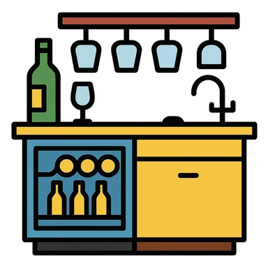 Wet bar with wine fridge and sink, glassware, wood cabinets, color outline icon style, transparent background sticker
