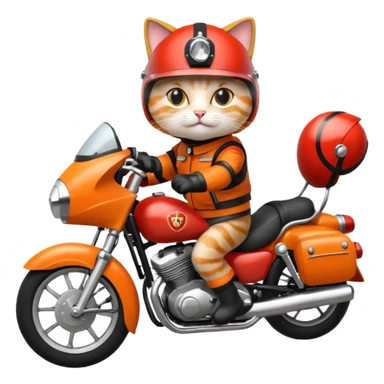 Cat on red and black motorcycle with helmet sticker