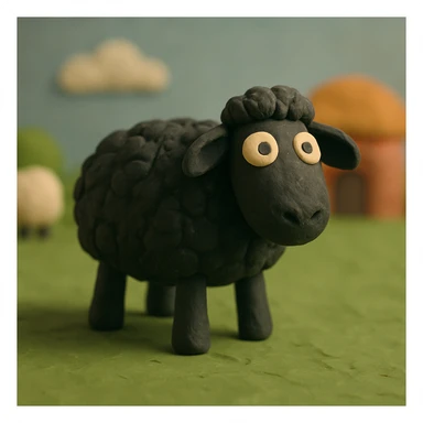 sheep with black wool standing on green grass, visible fingerprints, matte plasticine look, claymation style sticker