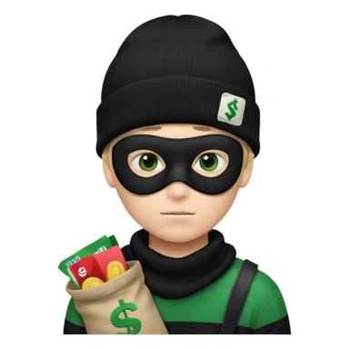 boy emoji with black knit beanie, thin black domino mask, canvas-colored sack over one shoulder that is bulging with stolen goods—often marked with a large, green dollar sign ($).
,and a black-and-white horizontally striped sweater sticker