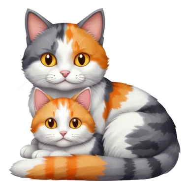 large grey and white cat cuddling a colourful light patched calico + white tabby cat sticker