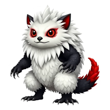 a white exotic edgy vernid-fionbr-Fakémon-creature, with black belly and red eyes, full body sticker