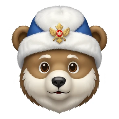 Friendly bear face with white fluffy ushanka hat with prominent Russian emblem in the middle, iOS emoji style sticker