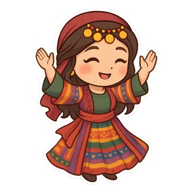 Cartoon sticker of a Kurdish woman in traditional colorful Kurdish female dress, dancing Kurdish dance with hands raised and traditional dance pose, no text, suitable for WhatsApp and Instagram, transparent background. sticker
