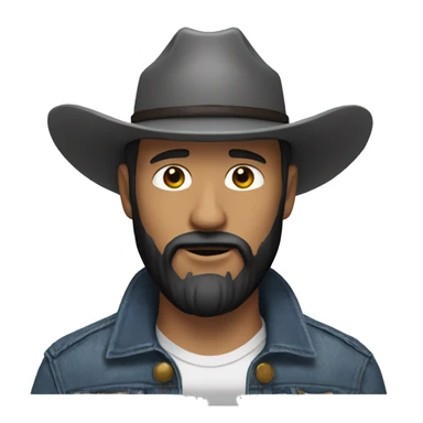 A white man using a cowboy hat, a jeans jacket and a black beard sticker