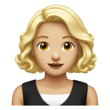 Blonde girl in a black dress with a white neckline sticker