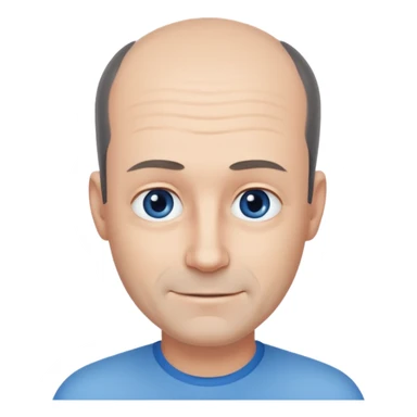 Middle aged man with black-greyish receding hairline, small blue eyes, clear face, shy smile sticker