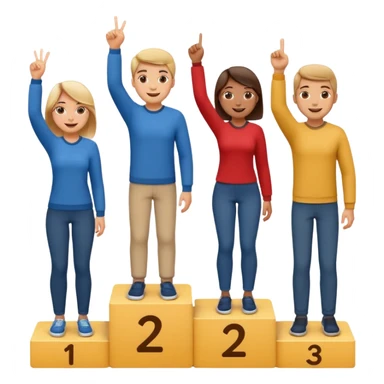 winners podium with three people numbers 2, 1, 3 left to right, all in relaxed casual clothes, center person on 1 step raising one finger on each hand, cheerful expressive friendly emoji style sticker