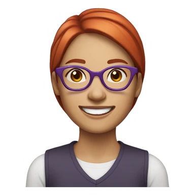 Woman with short, straight, red hair, fair skin, smiling with teeth visible, and wearing round purple glasses sticker