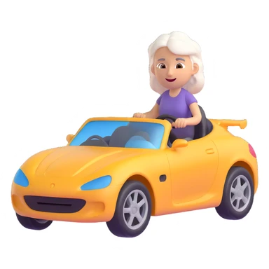 Make the car 20% more realistic while keeping the mother with white hair looking fast and furious, dynamic motion effects, sporty 3D emoji style, no background sticker