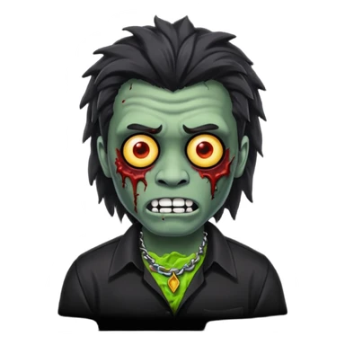 Emoji masculino de zumbi estilo iPhone,com cabelo ondulado mullet e preto, camisa preta e brincos sticker