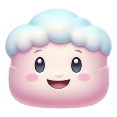Cinematic fluffy pastel marshmallow character, soft round edges, tiny sparkly eyes, a small happy smile, glowing warmly, floating in a dreamy soft sky. sticker