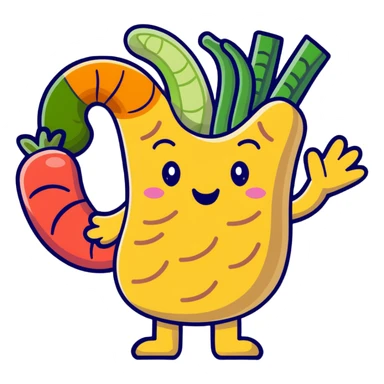 Cute cartoon representation of dietary fiber with happy vegetables, fruits, and whole grains linked by fibrous strands, with a smiling intestine character showing improved digestive health sticker