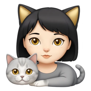 a girl Medium-length black hair + one golden shaded British Shorthair cat + one silver shaded British Shorthair cat. sticker
