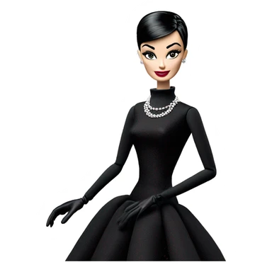 Audrey Hepburn as Sabrina Barbie.Morticia Addams. Show full body. Embroidered long black gown with accessories and gloves  sticker