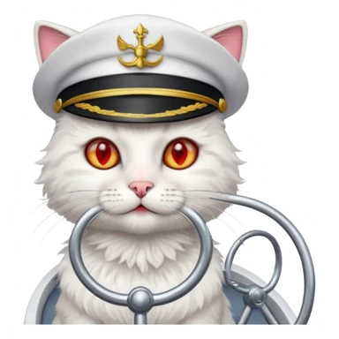 a devlish looking kitty cat at the helm of a catamaran driving it sticker