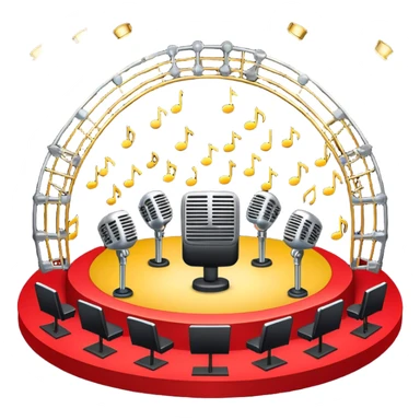 Create a vibrant and dynamic emoji that represents choral vocal performance. The design should feature 10 vintage stage microphones arranged in a semi-circle on a concert stage, symbolizing a vocal group or choir. Add musical notes flowing around the microphones to represent harmony and unity in the performance. Include concert lighting and a celebratory atmosphere to convey the excitement of live music. Use bright, bold colors like red, gold, and silver to emphasize the energy and glamour of the stage. The background should be transparent. sticker