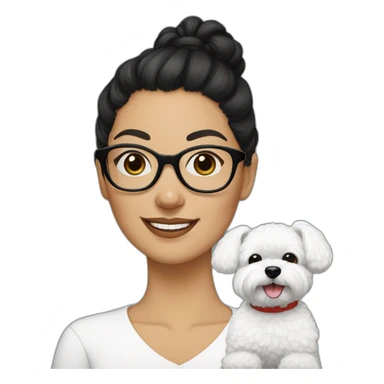 woman-black-hair-bun-with glasses-with bichon dog-white-smile-Christmas sticker