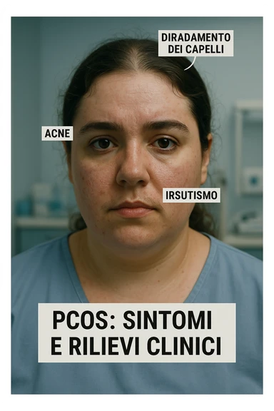 vertical realistic cinematic image: woman with evident PCOS symptoms, clinical atmosphere, realistic details, Italian captions, aspect ratio 2:3 sticker