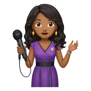 Middle age, long wavy black hair, brown skin, wearing dress, holding mic sticker