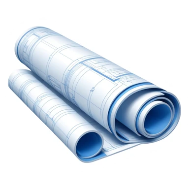 blue blueprint plan with white architectural lines, half rolled up, perspective view sticker