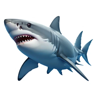 Cinematic Noble Great White Shark Portrait Emoji, Poised and regal, with a robust, torpedo-shaped body, a pointed snout, a gleaming white underbelly contrasting with a slate gray dorsal surface, and piercing, intense eyes scanning deep blue waters, Simplified yet sharp and sophisticated features, highly detailed, glowing with a cool, oceanic luminescence, high shine, intelligent and commanding, stylized with an air of marine authority, focused and vigilant, soft glowing outline, capturing the essence of a watchful and confident predator that appears ready to surge out of the screen with effortless power! sticker