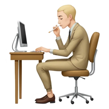 hunched very thin man sitting on chair at computer side view holding cigarette sticker