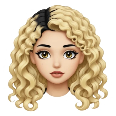 split dye leftside blonde rightside black hair, baddie, pretty makeup, black eyeliner, long and curly hair sticker