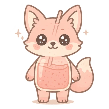 full-body cute blender fox with transparent body showing fruity smoothie inside, sparkling eyes, pastel pink color, transparent background sticker