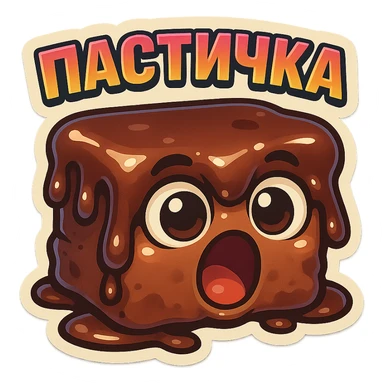 Rectangular chocolate mini pastry, slightly messy and squished, chocolate dripping, big round eyes, wide open mouth, playful surprised expression, text above: "ПАСТИЧКА", chibi style, Twitch emoji style, transparent background, colorful

 sticker