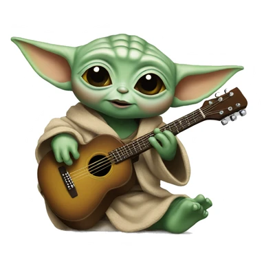 Baby Yoda holds a rock guitar sticker