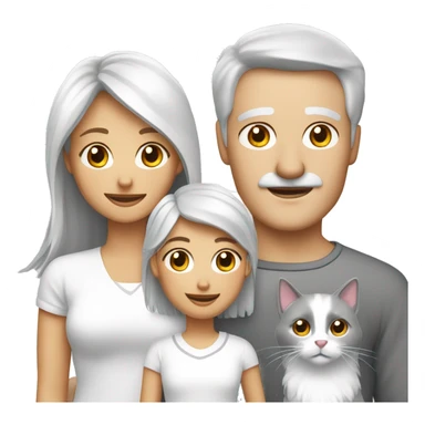 Family two brunette girls a blond mother and a grey haired father, all white. A spitz dog and a cat. sticker
