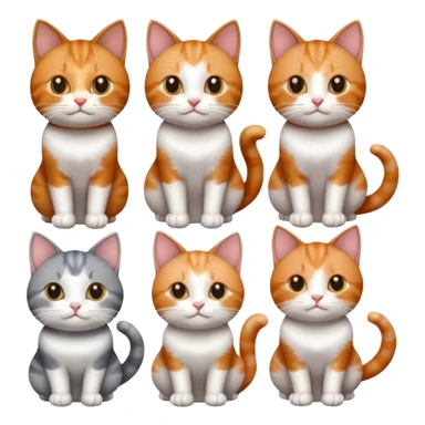 six cats of different colours: 1 small ginger and white, 1 small brown tabby and white, 1 small grey and white, 1 big grey and white, 1 mostly grey with white paws and small white patch on chest and 1 calico sticker
