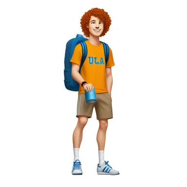 redhead with curly hair white college student guy wearing a UCLA shirt, brown shorts, and adidas samba shoes. He is holding an orange hydroflask   sticker